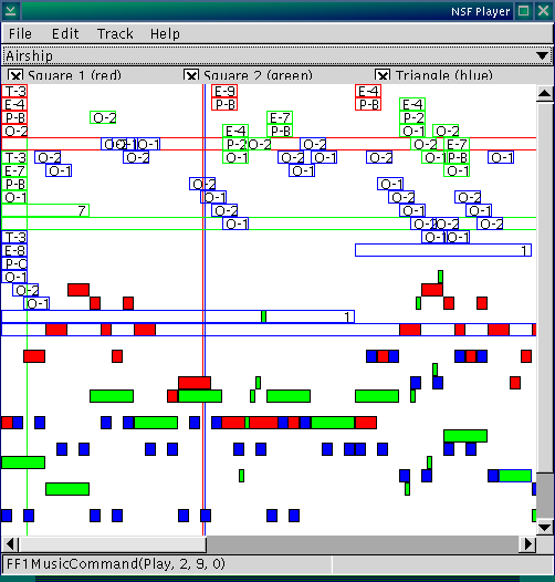 A screenshot of the main ui showing the rom's music contents as colored rectangles